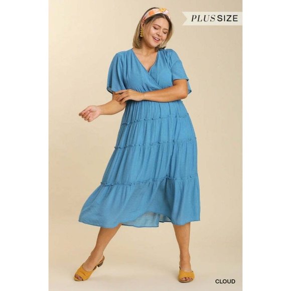 Umgee Dresses & Skirts - Umgee Plus Size Cloud Blue Smocked Short Sleeve Textured Tiered Maxi Dress